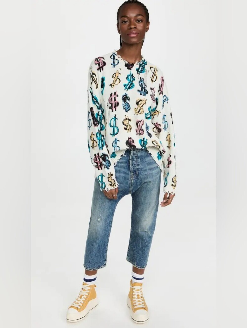 R13 Dollar Sign Oversized Distressed Cotton Sweater Off-White Size S Org $495 - Picture 5 of 16